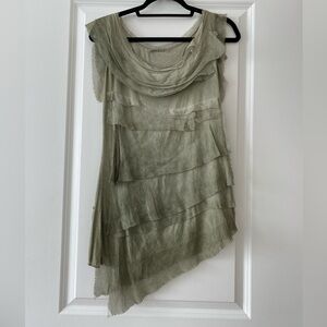 Silk layered tunic in various shades of olive green. Lined in stretchy viscose